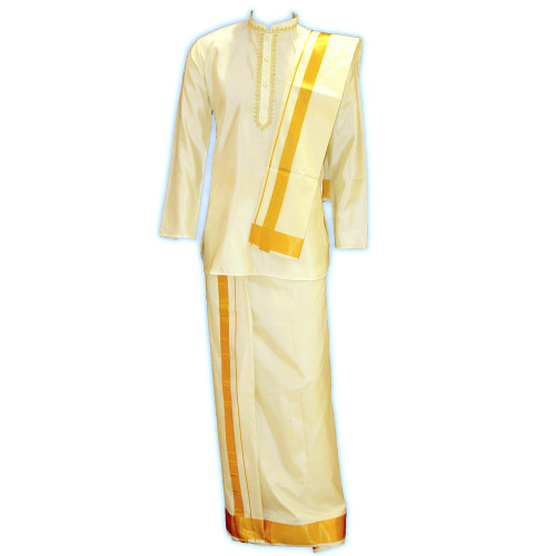 Ready-to-wear Veshti or Dhoti or Mundu for Men with Velcro at Waist & Angavastram (shawl).
