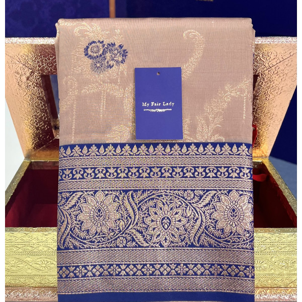 Butta Semi-Silk Saree Baige x Blue - [Code: SR-0025]